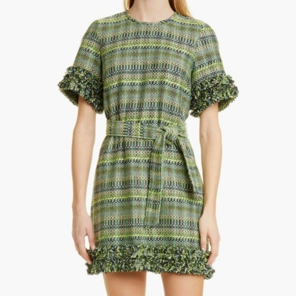 Cinq a Sept Box Weave Easton Dress Green Tweed Plaid Fringe Quiet Luxury